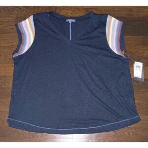 NEW Democracy V-Neck Top Womens 1X Navy Blue Multicolor Crochet Cap Sleeves